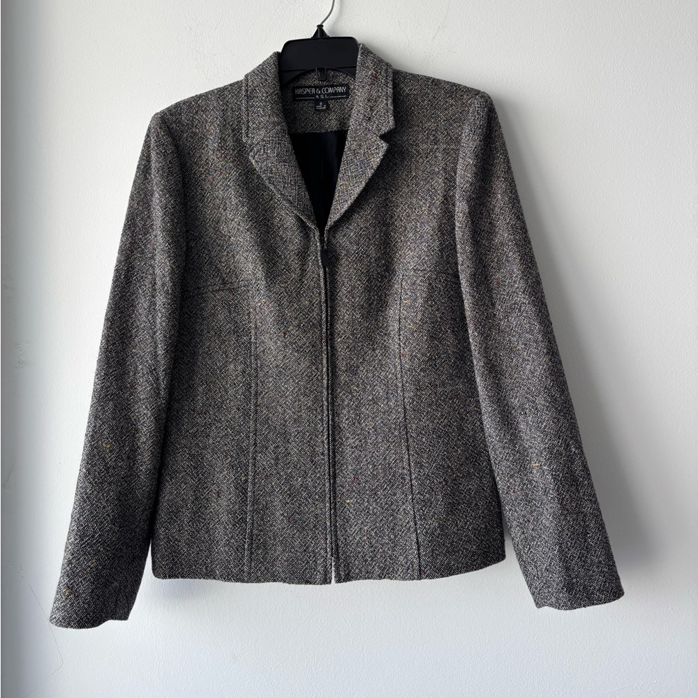 VTG Kasper Jacket Black White Tweed Wool Stretch Full Zip Women 8 Office Classic